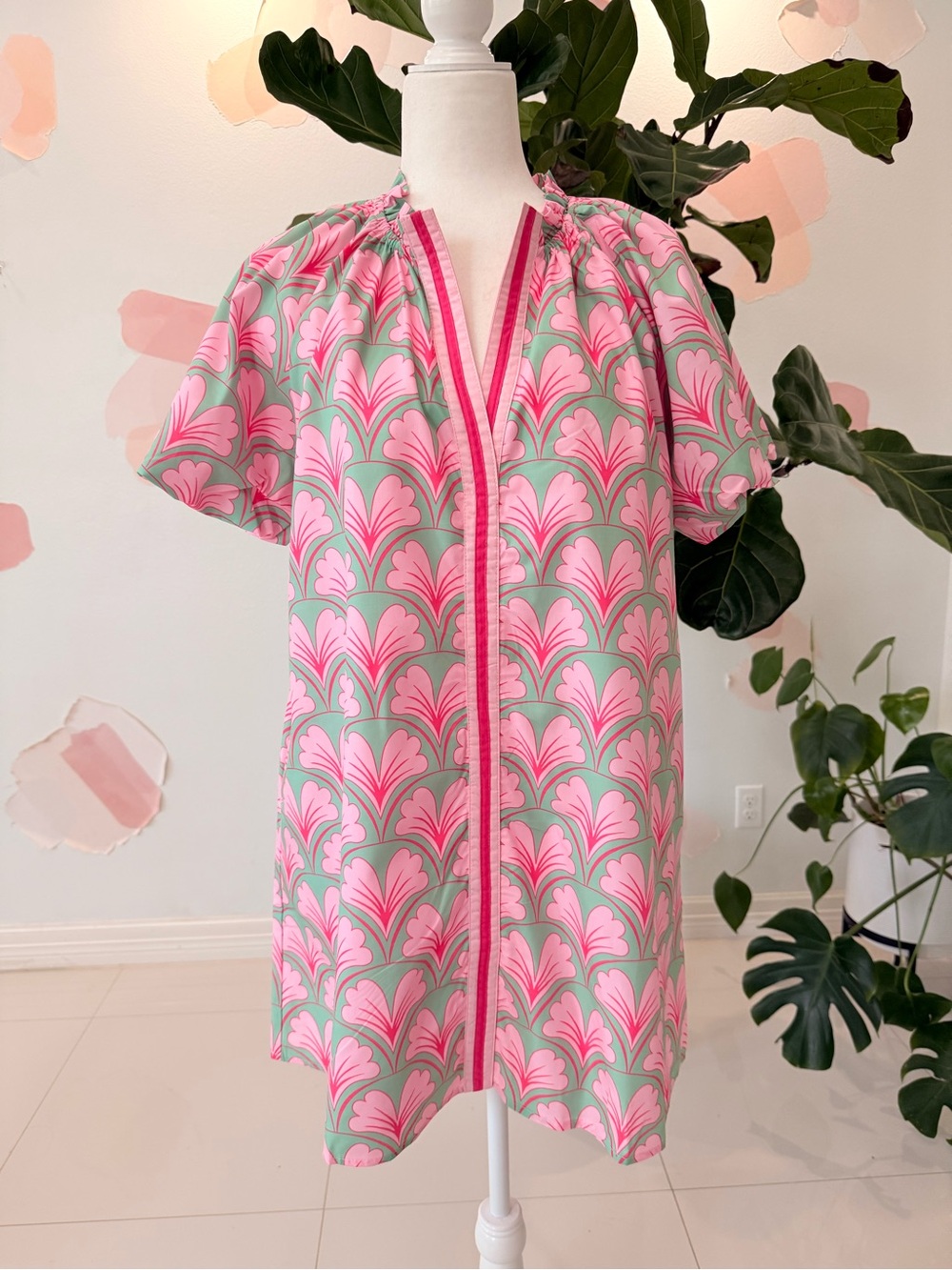 TCEC Pink and Mint Floral Short-Sleeve Tunic Dress